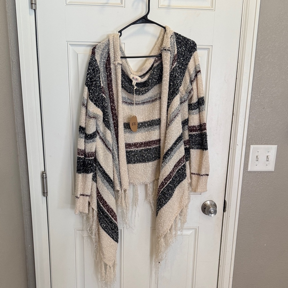 BiBi Cream and Black Striped Cardigan with Fringe